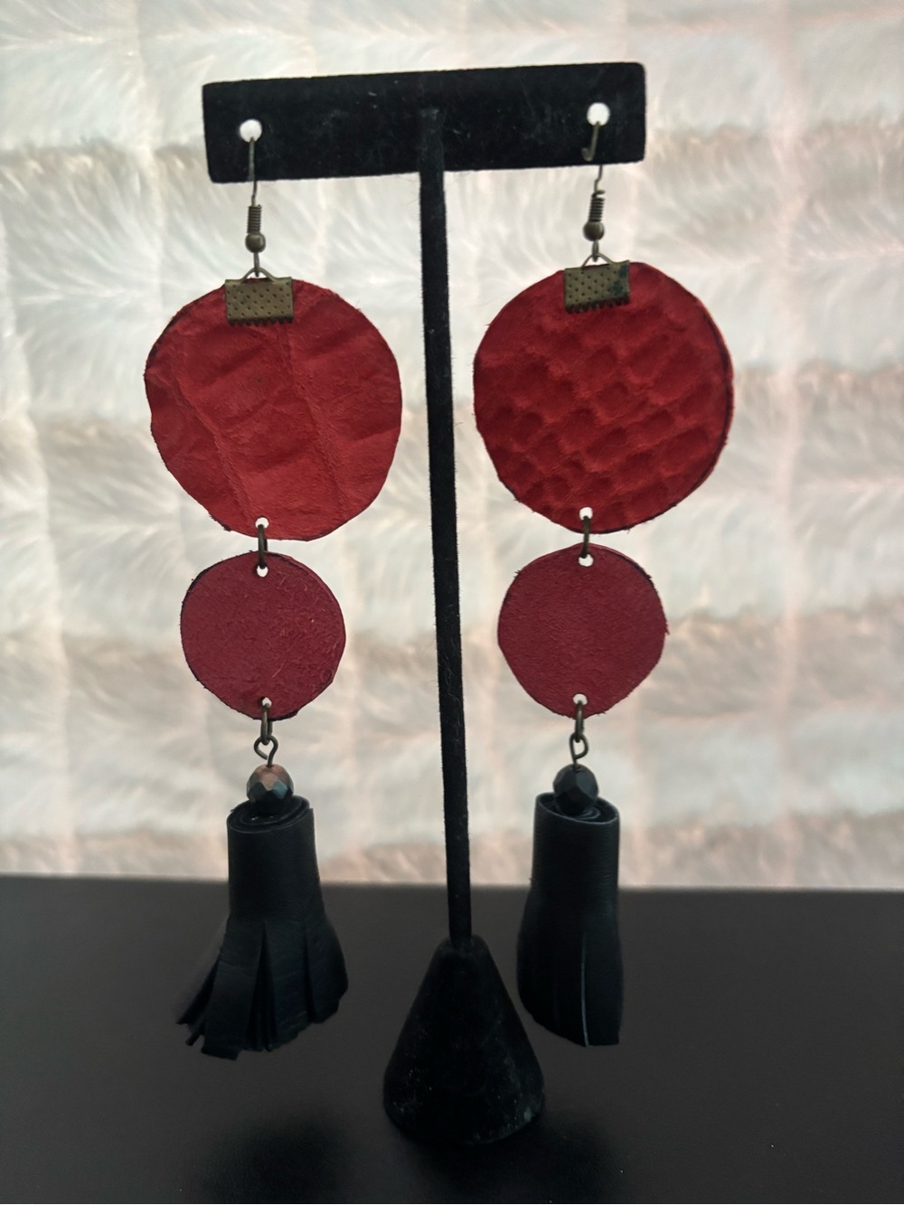 Handcrafted Red Leather Double Disc Tassel Earrings